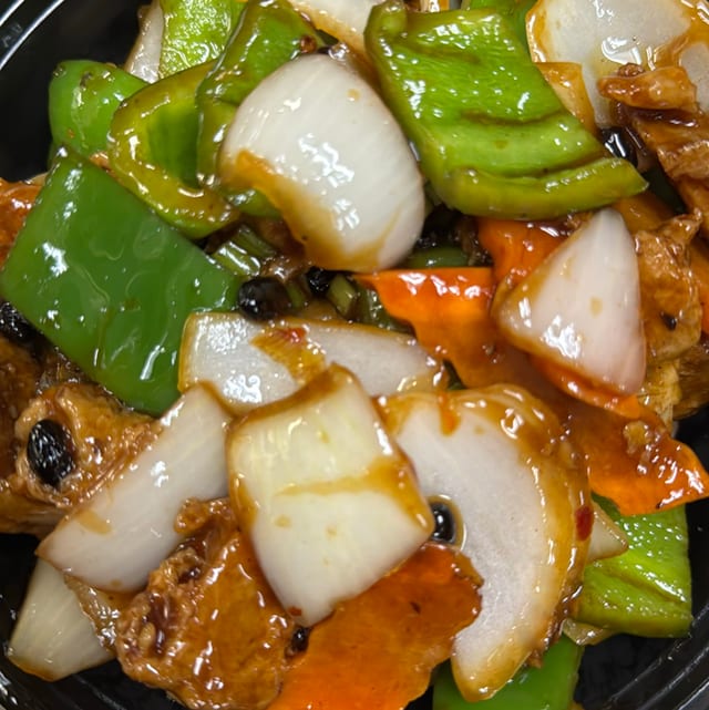 Veggie Chicken with Black Bean Sauce.