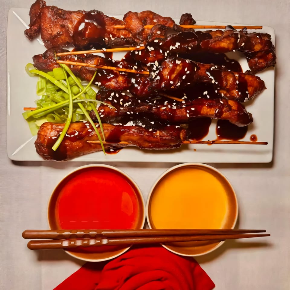 House of Chou's Chinese chicken skewers with sauce, sesame seeds, green onions, and dipping sauces.